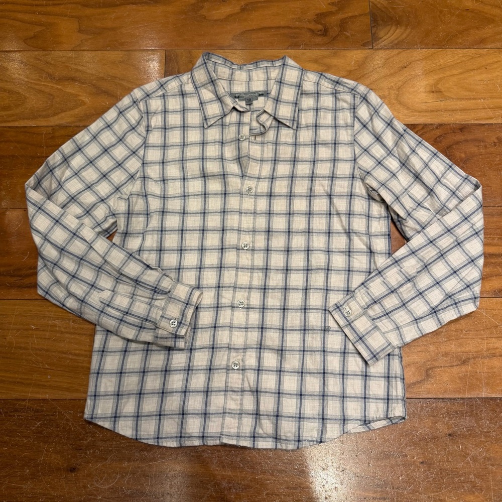 Bonpoint Boys Navy & Cream Plaid Flannel Button Down Shirt - Size 10